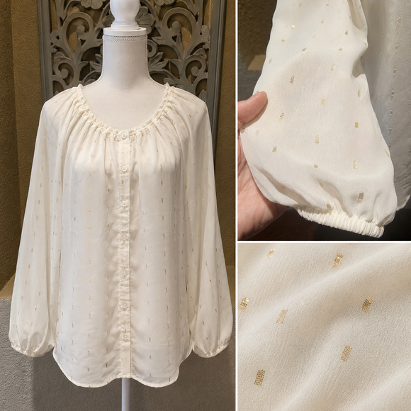 Liz Claiborne Tops - Liz Claiborne S Cream Peasant Blouse Gold Metallic Romantic Cottagecore Top